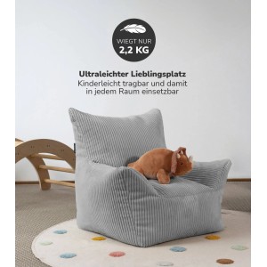 Grauer mokebo Kindersessel 'Der Pausenheld' aus Cord mit Dino-Kuscheltier. Bequemer Kindersitzsack für Kinder.