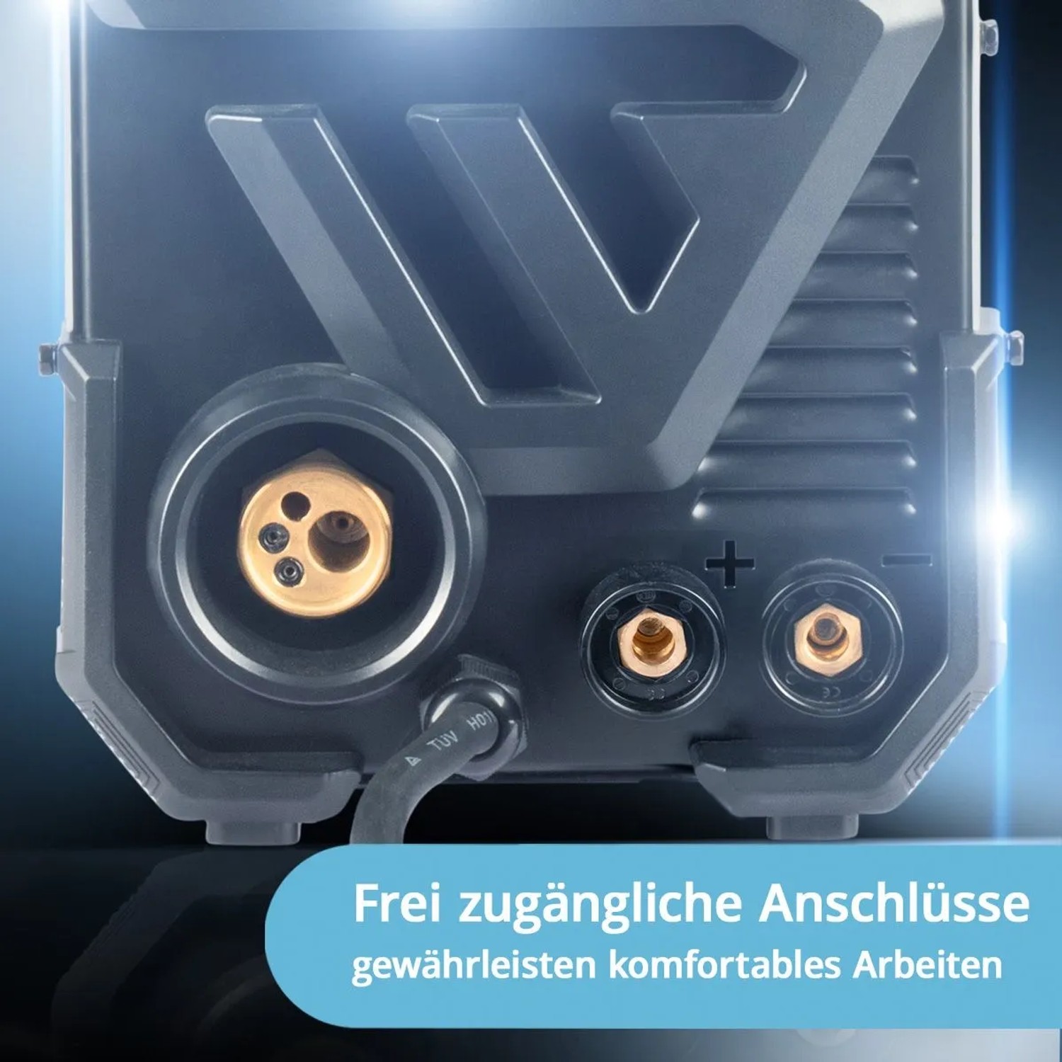 Detailaufnahme der Anschlüsse des STAHLWERK MIG MAG 200 ST Schweißgeräts.