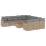 Beige 12-tlg. Garten-Sofagarnitur aus Poly Rattan mit grauen Kissen und Tisch.