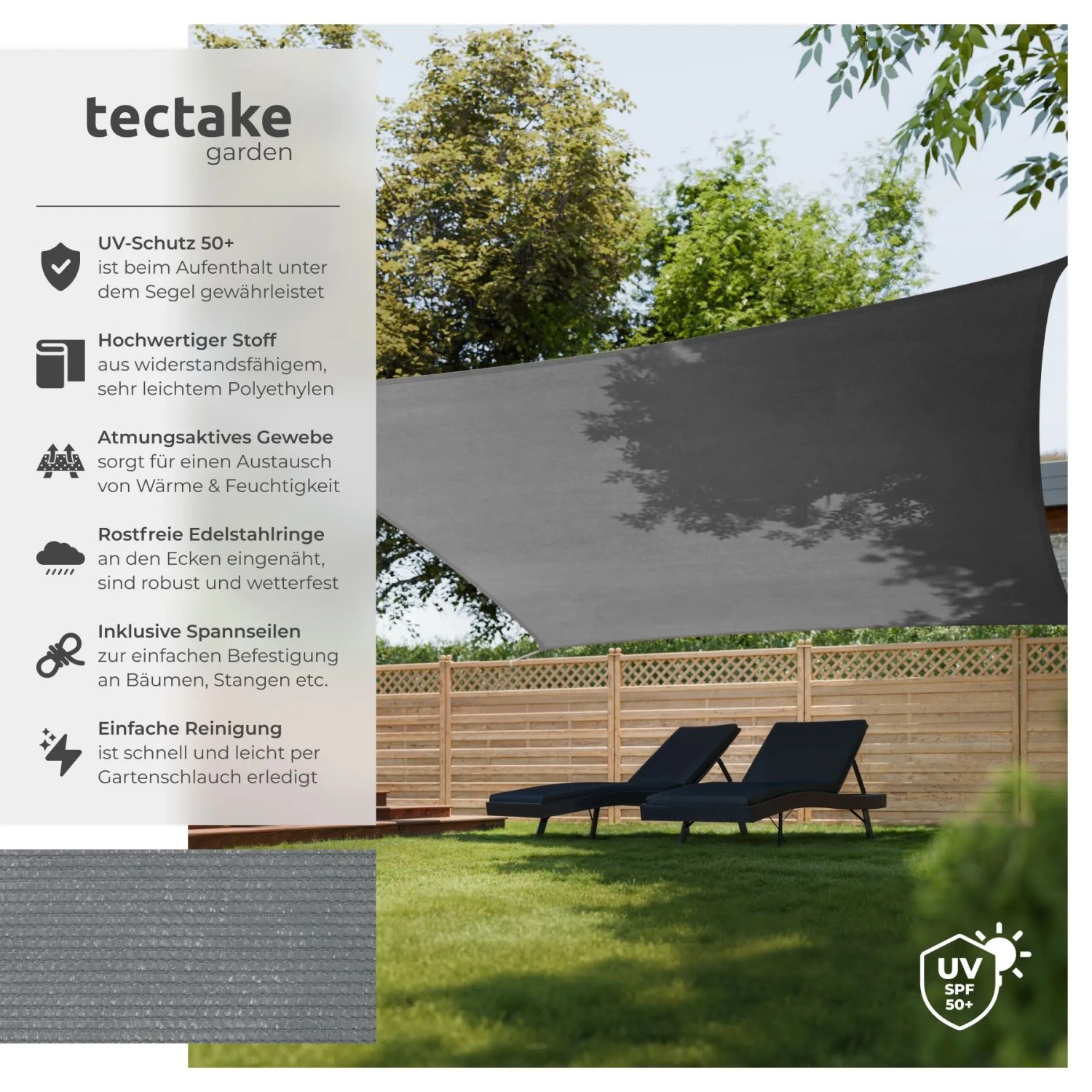 Tectake Sonnensegel  Rechteckig Mit Uv Schutz 50  Für Balkon  Garten und Terrasse 5 x 5 M 500 x 500 x 1 cm Grau_2