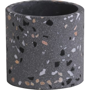 Grauer Übertopf aus Zement, Ø 10 cm, mit Terrazzo-Muster für Zimmerpflanzen.