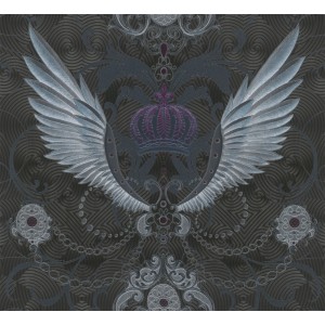 Glööckler Vliestapete mit Adlerflügeln, Ketten und Krone in Schwarz und Silber.