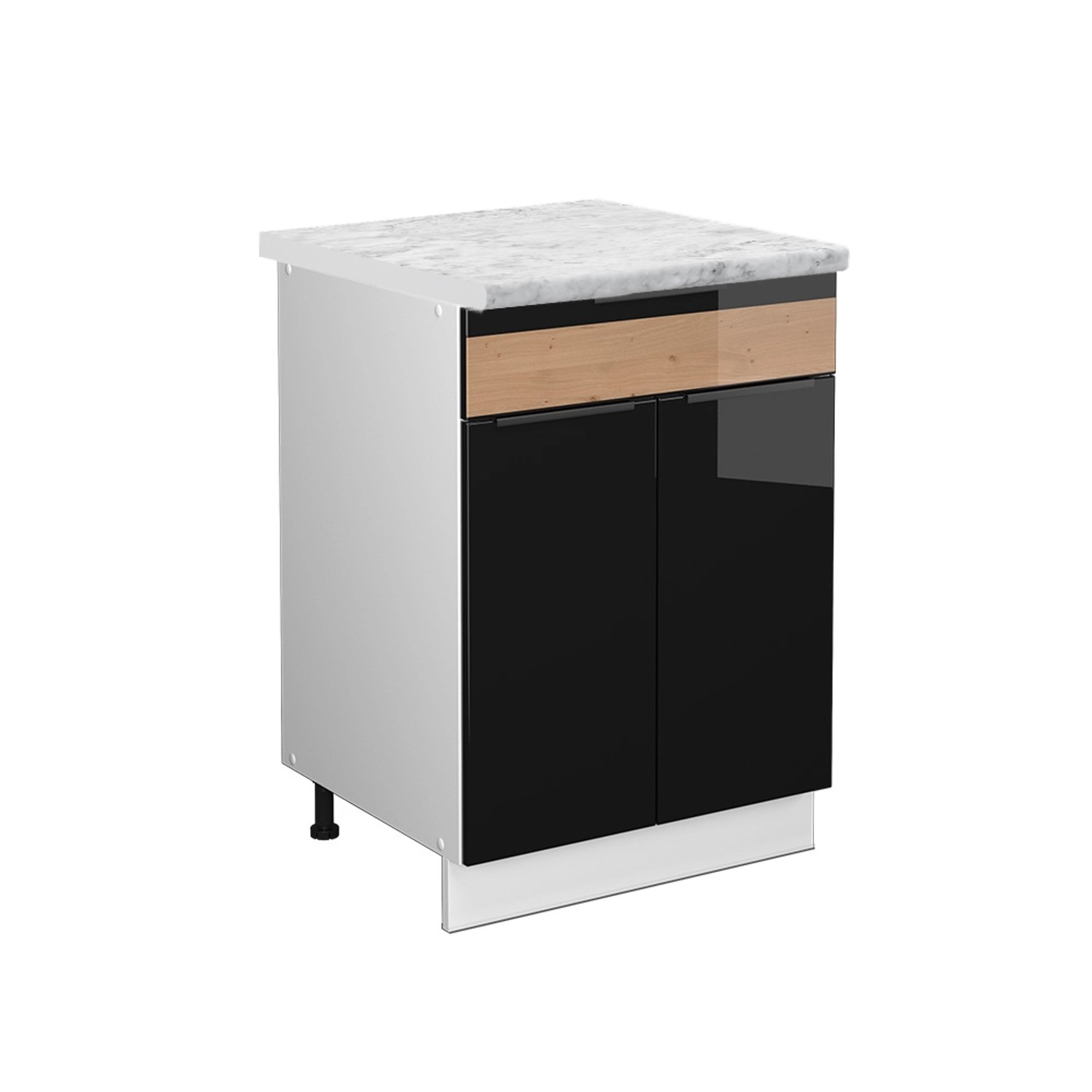Vicco Küchenunterschrank Fame-Line Schwarz Eiche hochglanz/Weiß 60 cm mit Schublade AP Marmor
