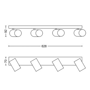Technische Zeichnung des Kosipo 4er LED-Spots. Zeigt Maße (628x92x70mm) und drehbare Spots.