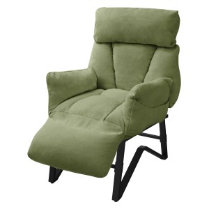 Grüner Relaxsessel mit Leinenbezug, Armlehnen und ausziehbarer Fußablage. Komfortabler Loungesessel.