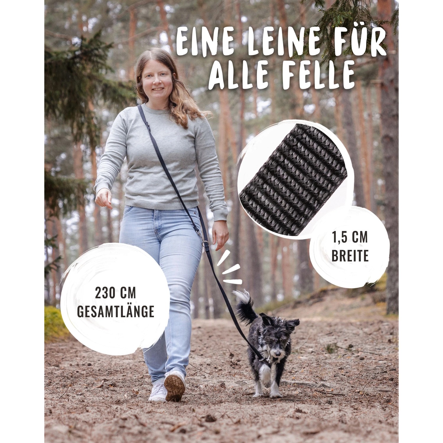 Schwarze Rudelkönig Hundeleine Bella, 15mm breit, 230cm lang, mit gepolstertem Griff. Frau mit Hund im Wald.