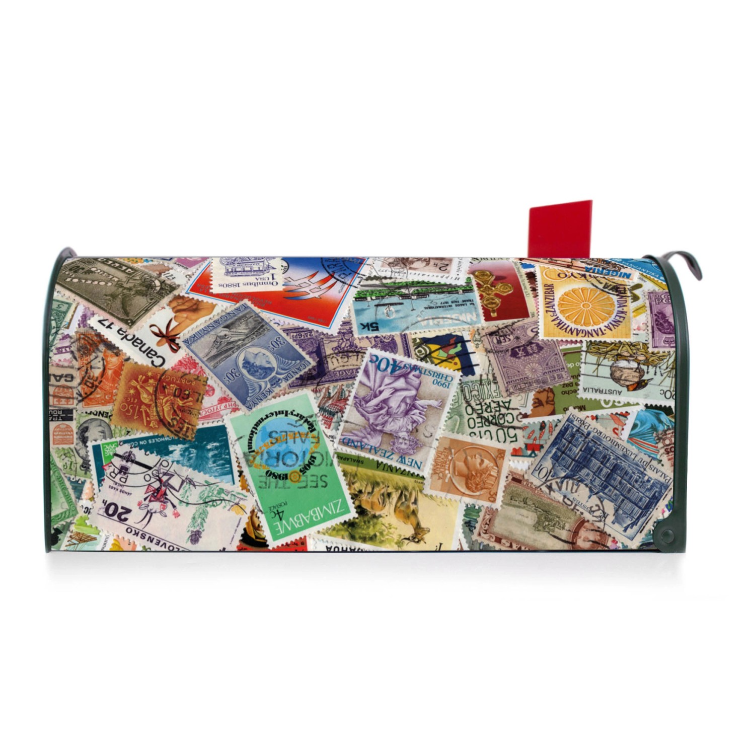 Grüner Banjado US Briefkasten mit Briefmarken Motiv, Stahl pulverbeschichtet, rote Fahne.