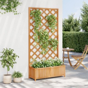 Brauner Pflanzkübel mit Spalier aus Tannenholz für Kletterpflanzen im Garten oder auf der Terrasse.