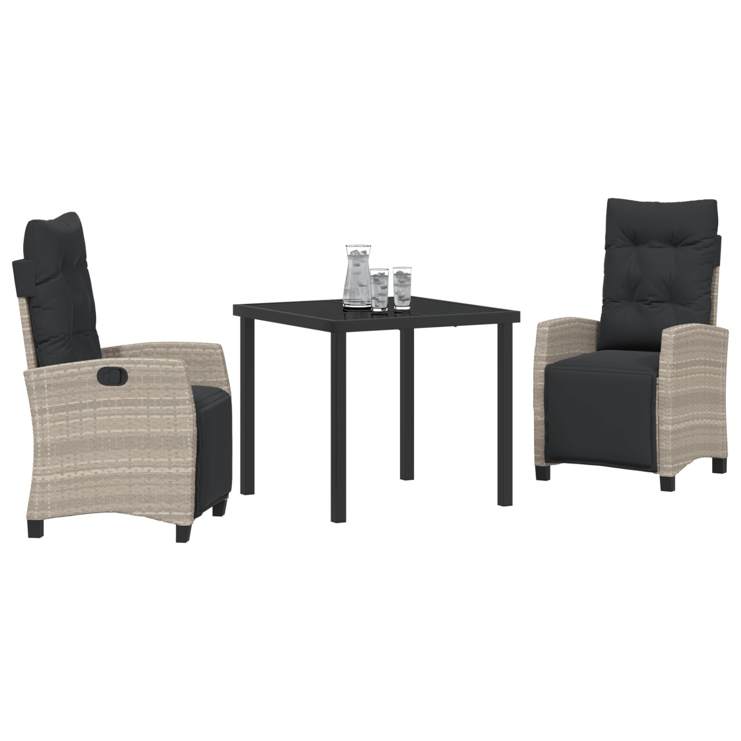 Hellgraue 3-tlg. Garten Essgruppe aus Polyrattan mit Tisch und 2 Sesseln.