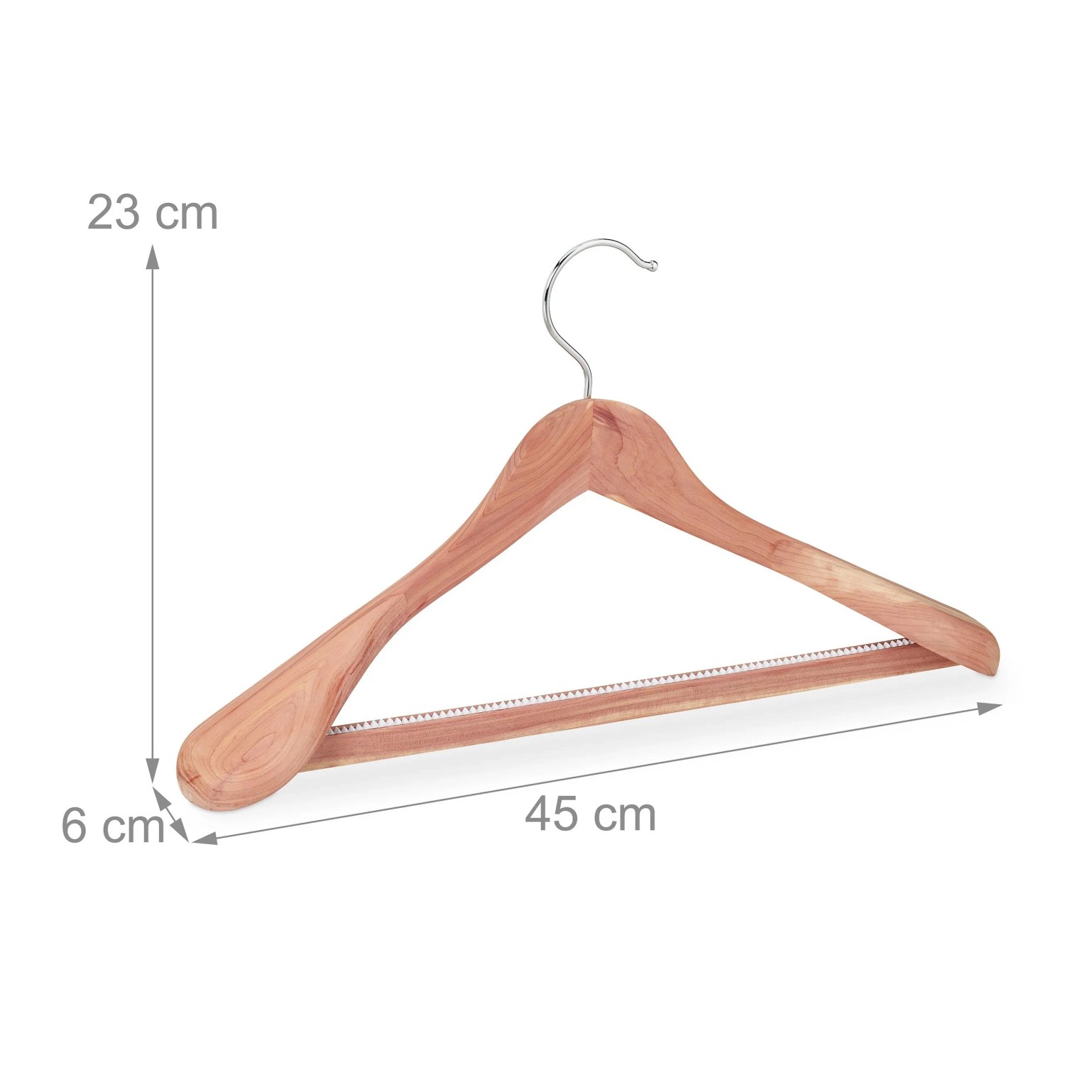 Anzugbügel aus Zedernholz Natur mit rutschfester Hosenstange und breiten Schultern. 45 cm breit für Anzüge, Jacken.