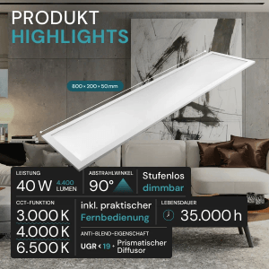 LUXULA LITEQ LED Panel 80x20cm 40W 4400lm UGR19 CCT Dimmbare Büroleuchte Fernbedienung 3000K bis 6500K Warm- Kaltweiß Aufbaupanel Weiß