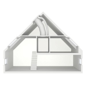 Velux Lüftungszusatz für Tageslicht-Spot in Weiß, schematische Darstellung im Dachgeschoss.