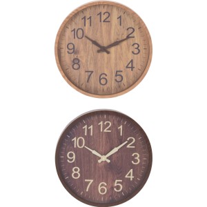 Wanduhr in Holzoptik, Ø 34 cm, mit zwei Farbvarianten (Braun und Dunkelbraun).