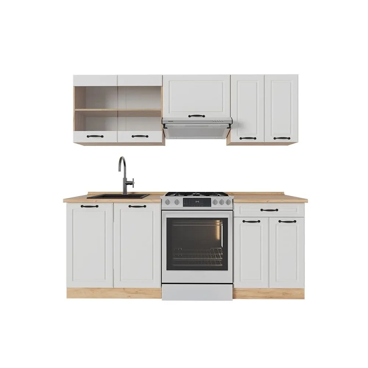 Vicco R-Line Küchenzeile Weiß Landhaus Goldkraft Eiche 200 cm AP Eiche ohne E-Geräte