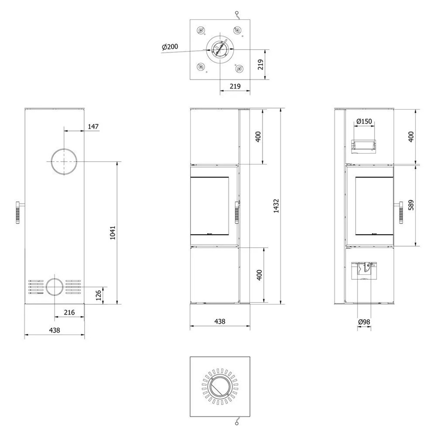 Technische Zeichnung ILDNORD Eck-Kaminofen ODYN M, Maße und Anschlüsse für Installation.