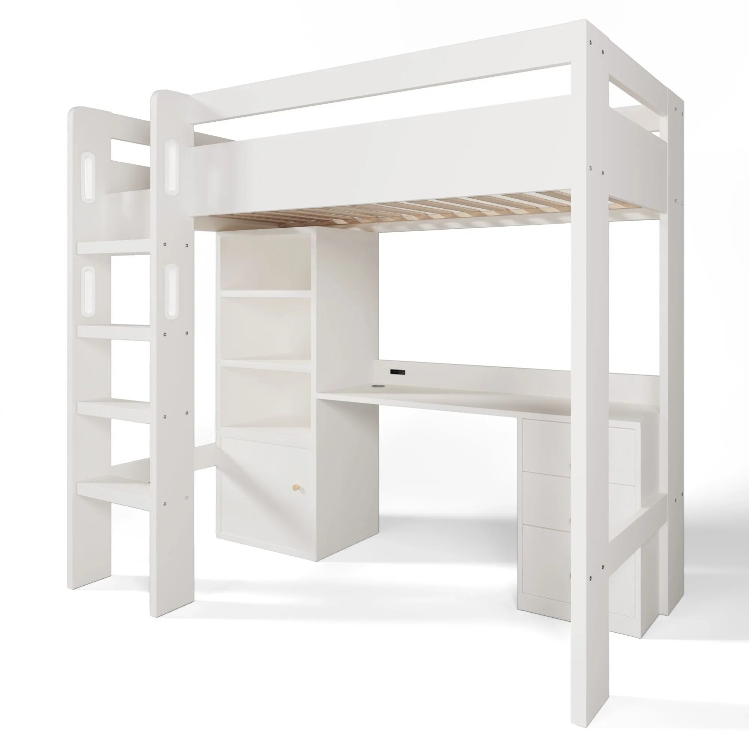 Merax Hochbett 90x200cm USB-C Schreibtisch Schrank Weiß