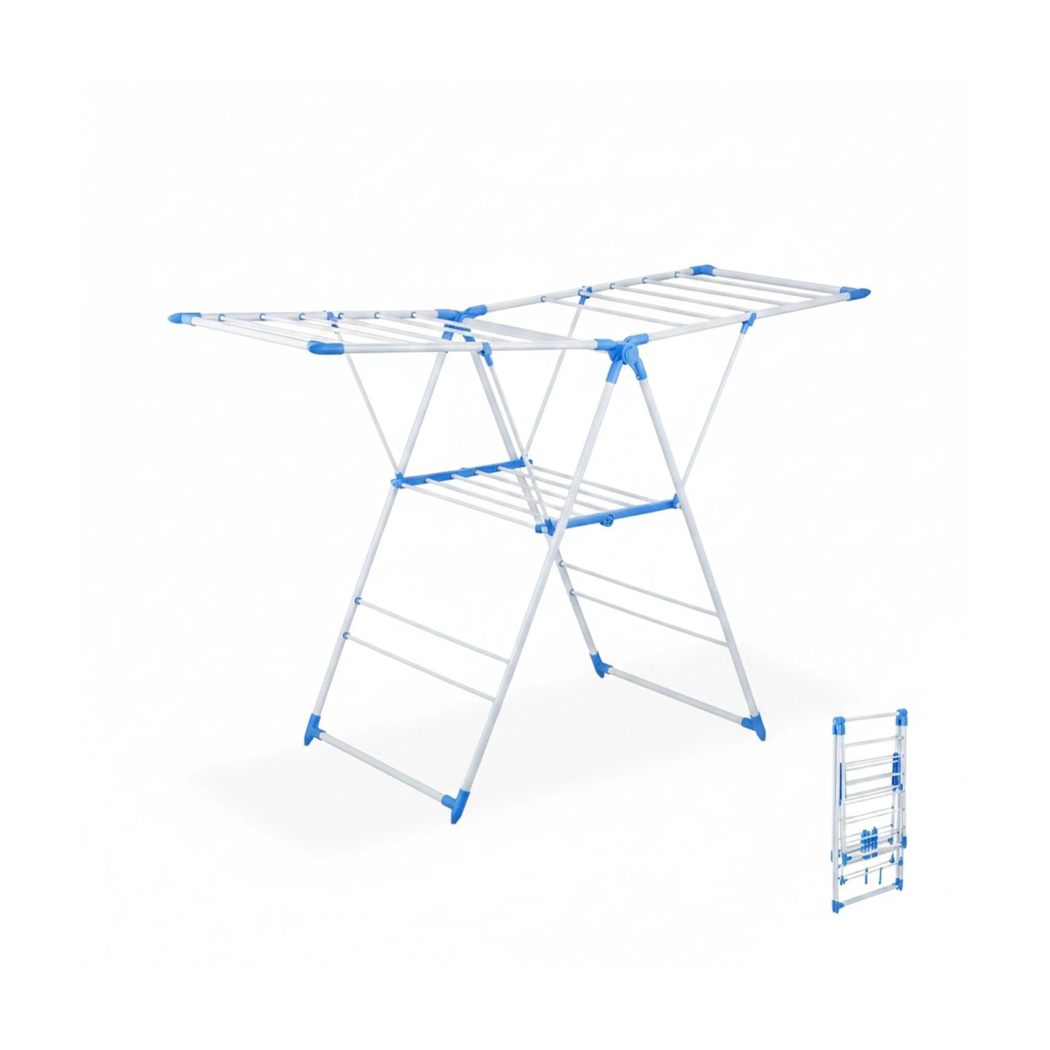 Relaxdays Wäscheständer Eisen Kunststoff Weiß Blau Klappbar mit Flügeln 99 cm x 155 cm x 61 cm 2,6 kg