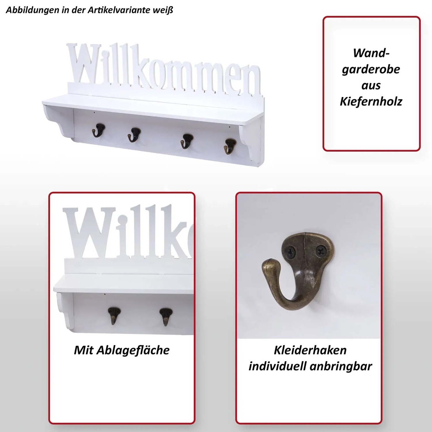 Weiße MCW Wandgarderobe mit 'Willkommen' Schriftzug, 4 Haken und Ablagefläche.