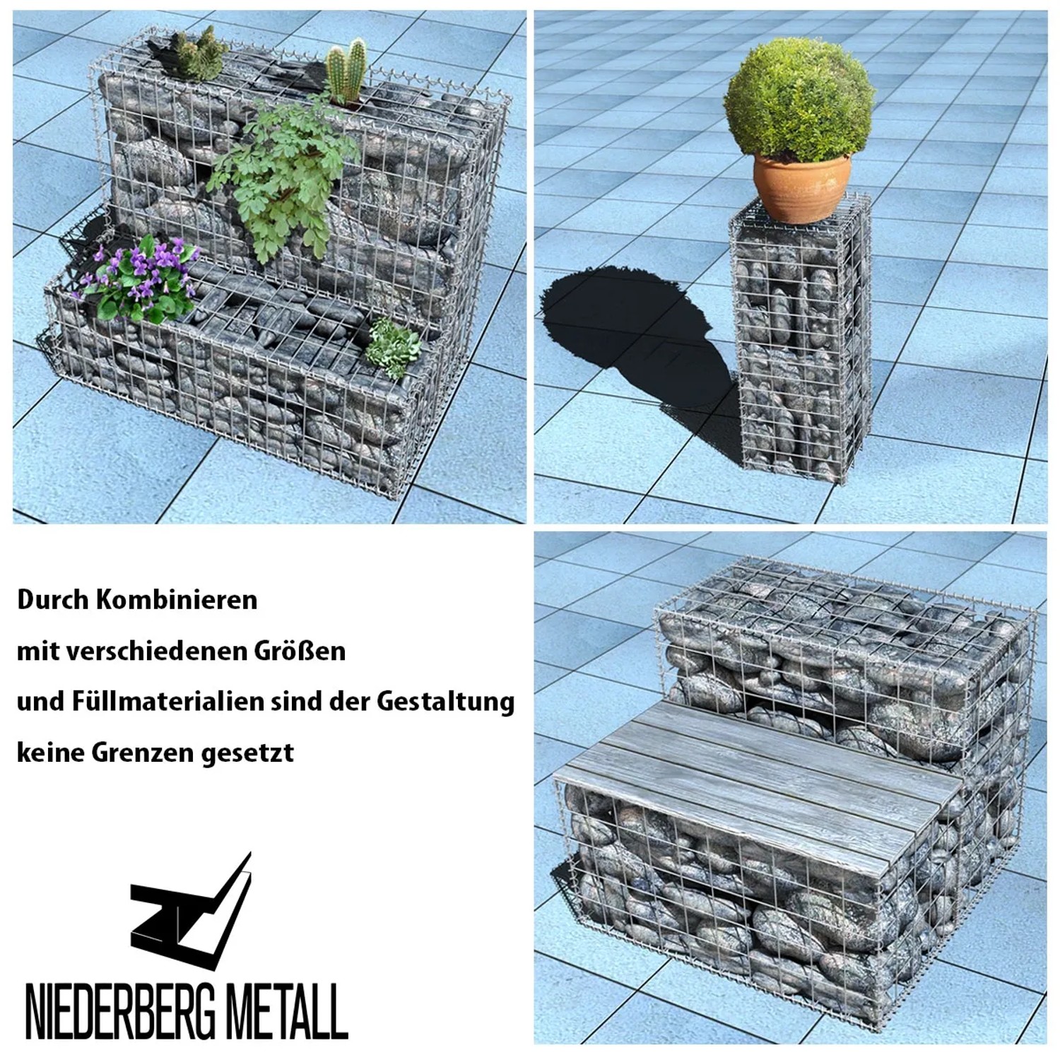 Niederberg Metall Gabione, 80x100x50cm, als Zaun, Hochbeet und Podest mit Steinen und Pflanzen befüllt.