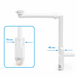 Weißer Lira SPA Raumsparsiphon Extra Slim für Waschtische, mit Reinigungsöffnung und Maßen 70/40mm. Ideal für Unterschränke.