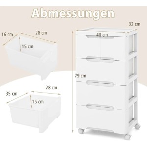Weißer Costway Nischenschrank mit 5 Schubladen auf Rollen, 40x32x79 cm. Inkl. Maße der Schubladen.