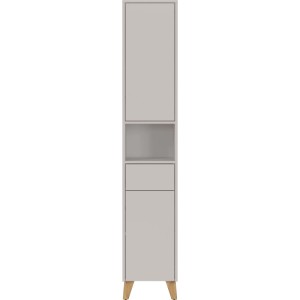 Kaschmirfarbener Bad-Hochschrank Germania mit Tür, offenem Fach, Schublade und Massivholzfüßen. Modernes Design.
