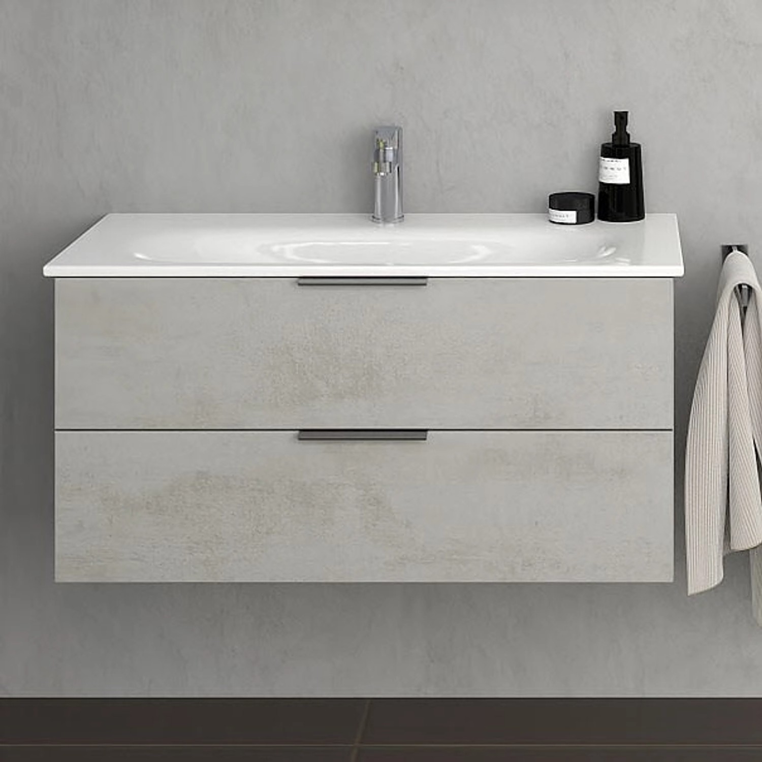 Steinkamp Waschtischunterschrank Living 2.0 mit GROHE Essence Waschtisch, oxid hellgrau, 100 cm.