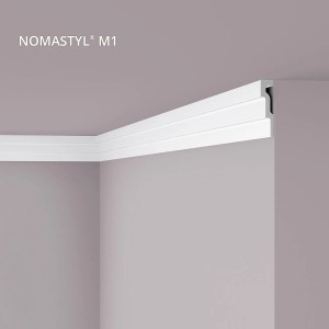 Weiße NOEL & MARQUET NMC M1 Eckleiste NOMASTYL, angebracht an Wand und Decke.