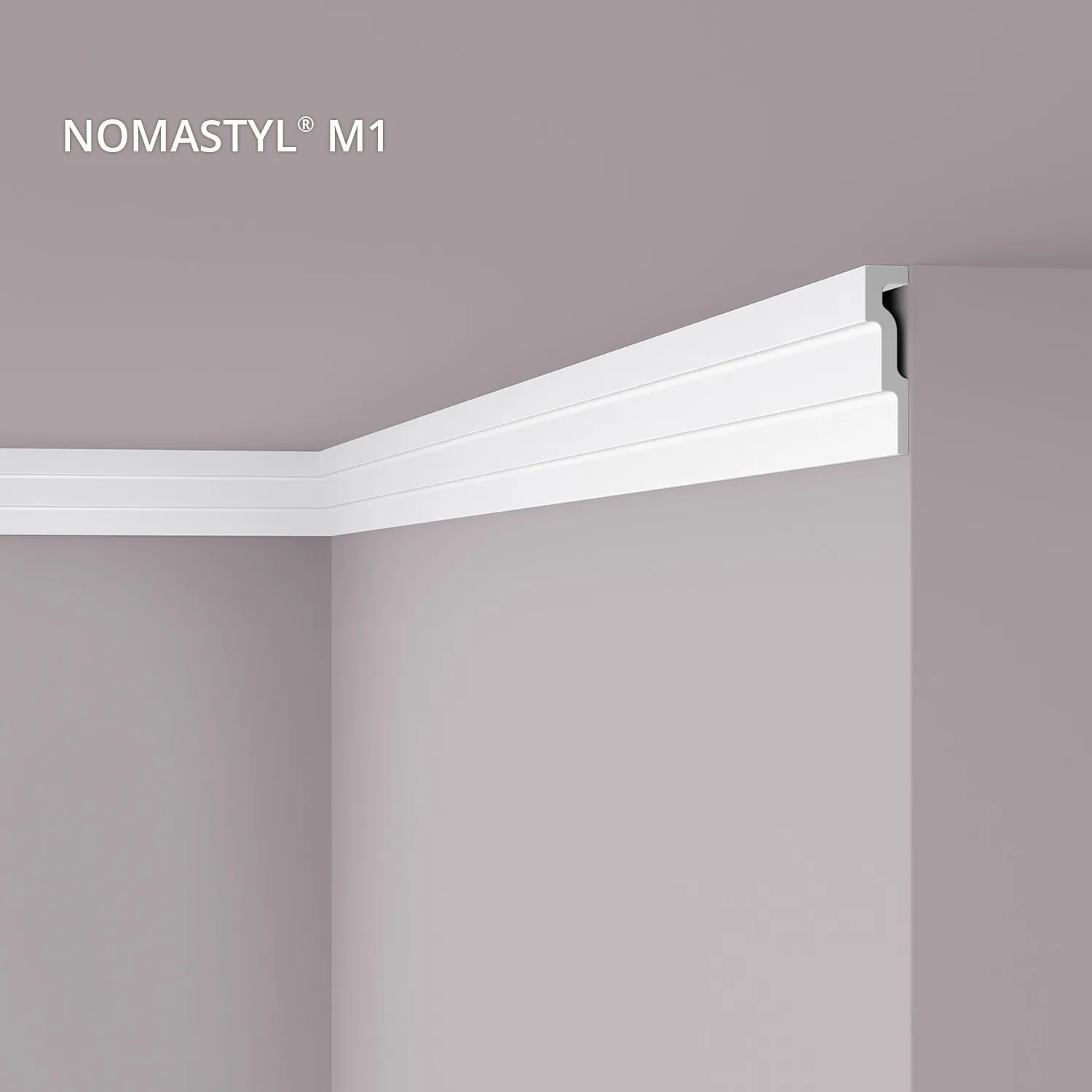 Weiße NOEL & MARQUET NMC M1 Eckleiste NOMASTYL, angebracht an Wand und Decke.