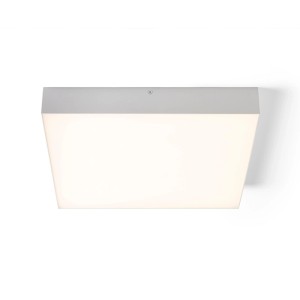 Rendl Larisa Sq 40 LED Deckenleuchte, quadratisch, weiß mit grauem Metallrahmen, warmweißes Licht.