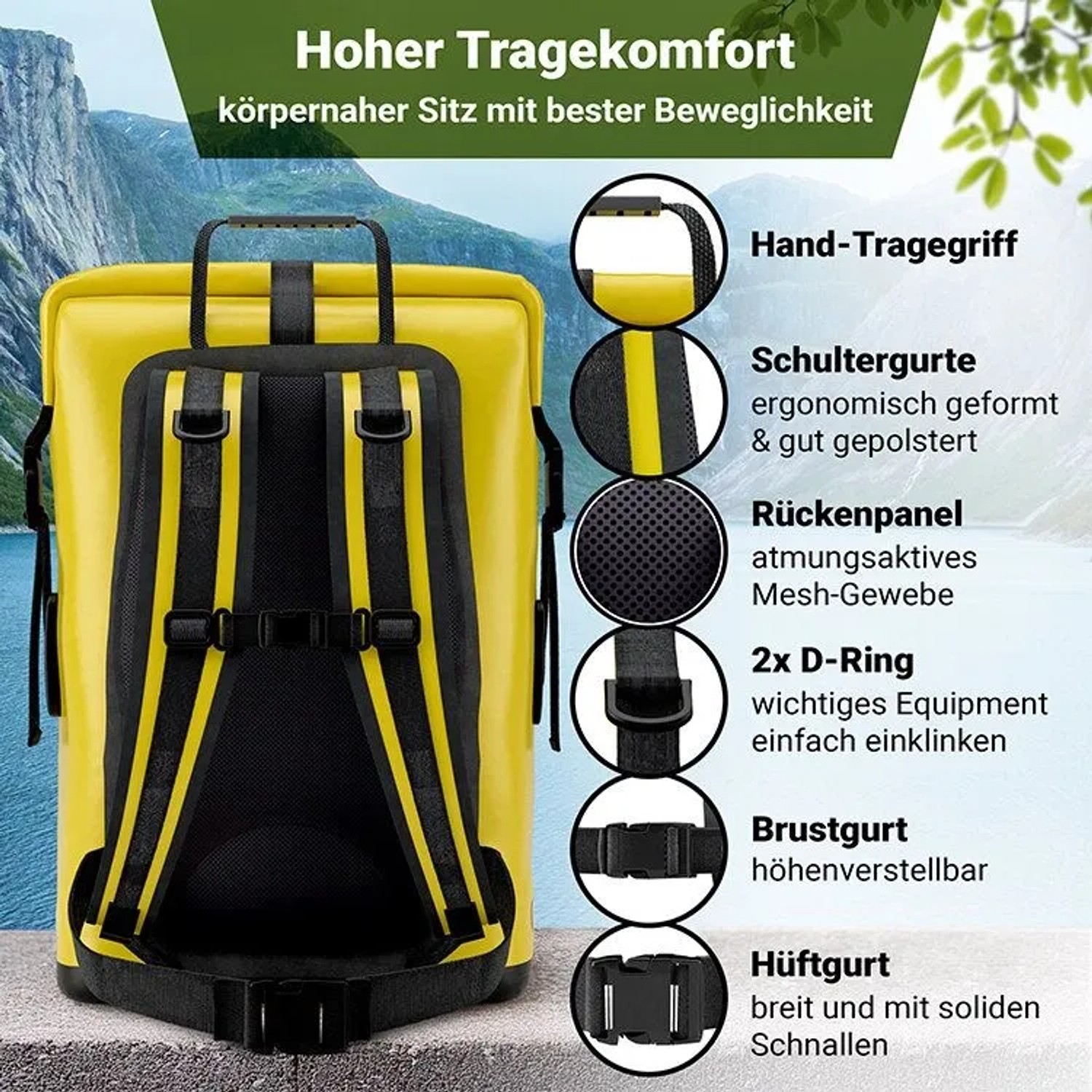 Gelber SCANDIC NATURE Rucksack Pioneer 35L mit gepolsterten Schultergurten, atmungsaktivem Rückenpanel und Hüftgurt für hohen Tragekomfort beim Wandern.