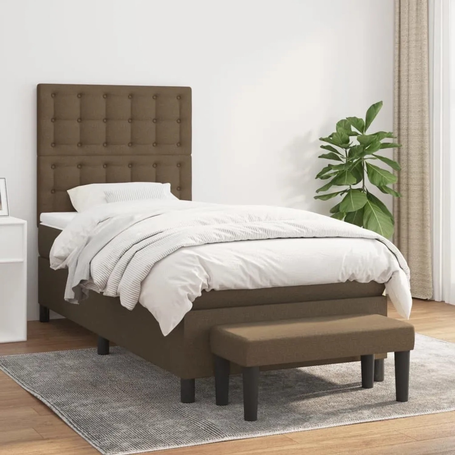 Dunkelbraunes vidaXL Boxspringbett (90x200 cm) mit Matratze und Bank im Schlafzimmer.