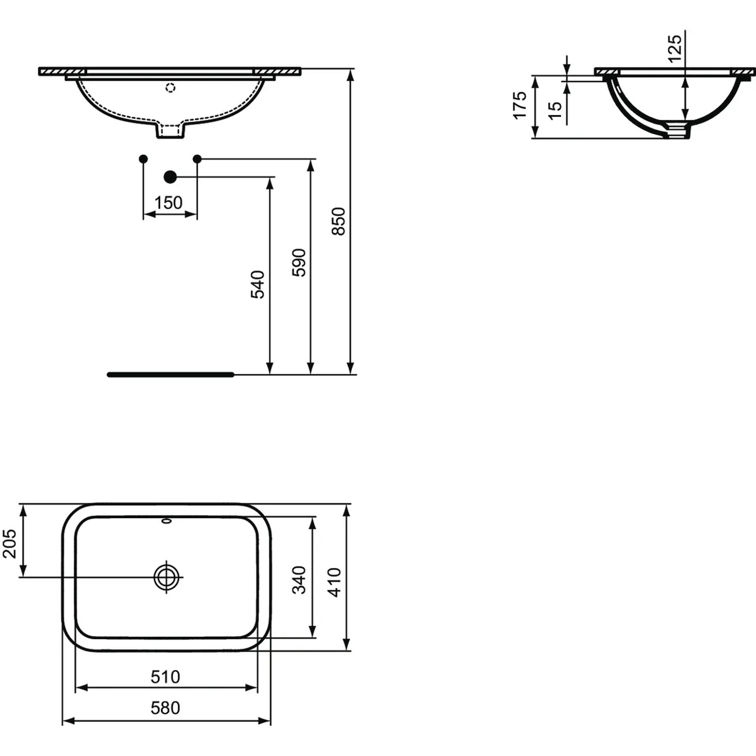 Technische Zeichnung: Ideal Standard Connect Unterbauwaschtisch, 58x41 cm, weiß, ohne Hahnloch.