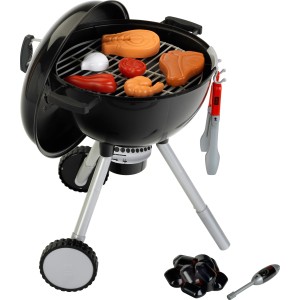 Weber Spielzeug-Kugelgrill One Touch Premium mit Zubehör wie Spielzeug-Fleisch, Gemüse und Grillkohle.