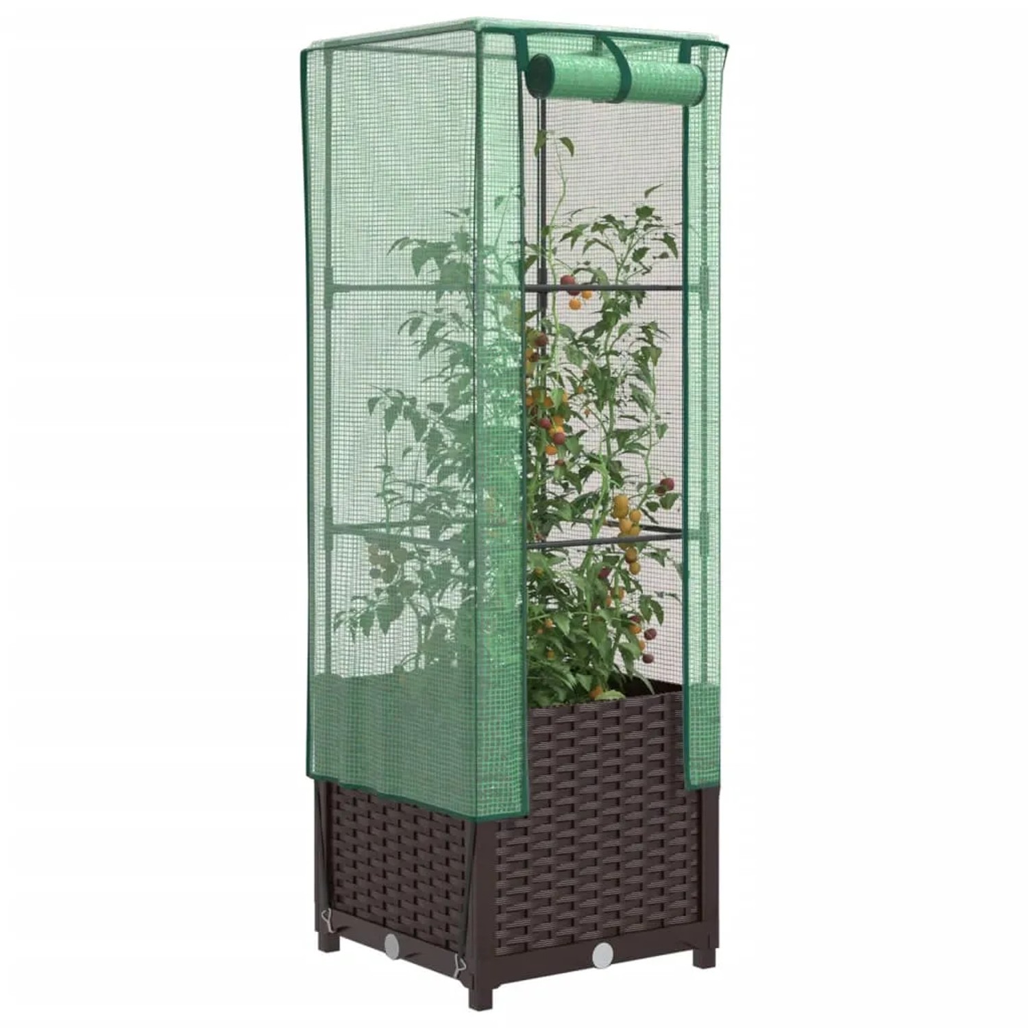 Hochbeet mit Gewächshaus-Aufsatz in Rattan-Optik, 40x40x139 cm, ideal für Garten, Balkon oder Terrasse.
