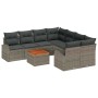 Graues 9-teiliges vidaXL Garten-Sofa-Set aus Rattan mit Tisch und grauen Polstern.