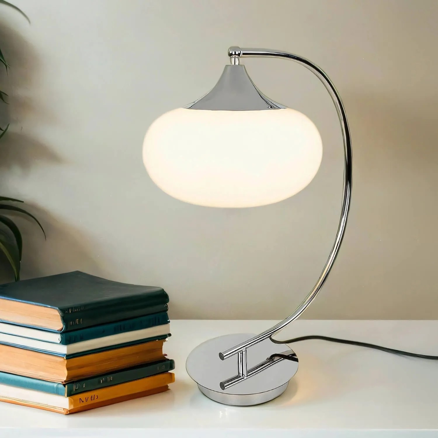 EASYLIGHT Tischlampe Gebogen 45 cm E27 Glas Metall in Weiß Chrom_2