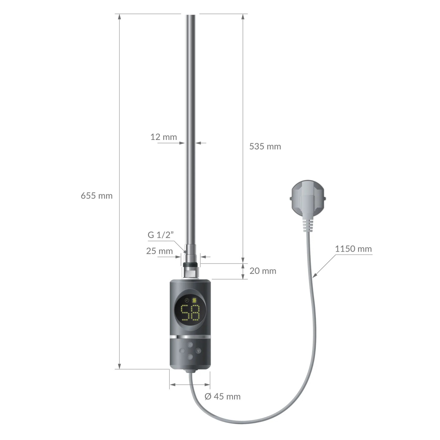 LuxeBath Heizstab 600W Anthrazit mit Thermostat und LCD-Display zur Temperaturregelung.