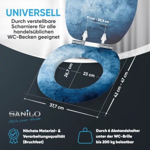 SANILO WC-Sitz Solium mit Absenkautomatik, blau-weiß gemustert, Maße eingezeichnet.
