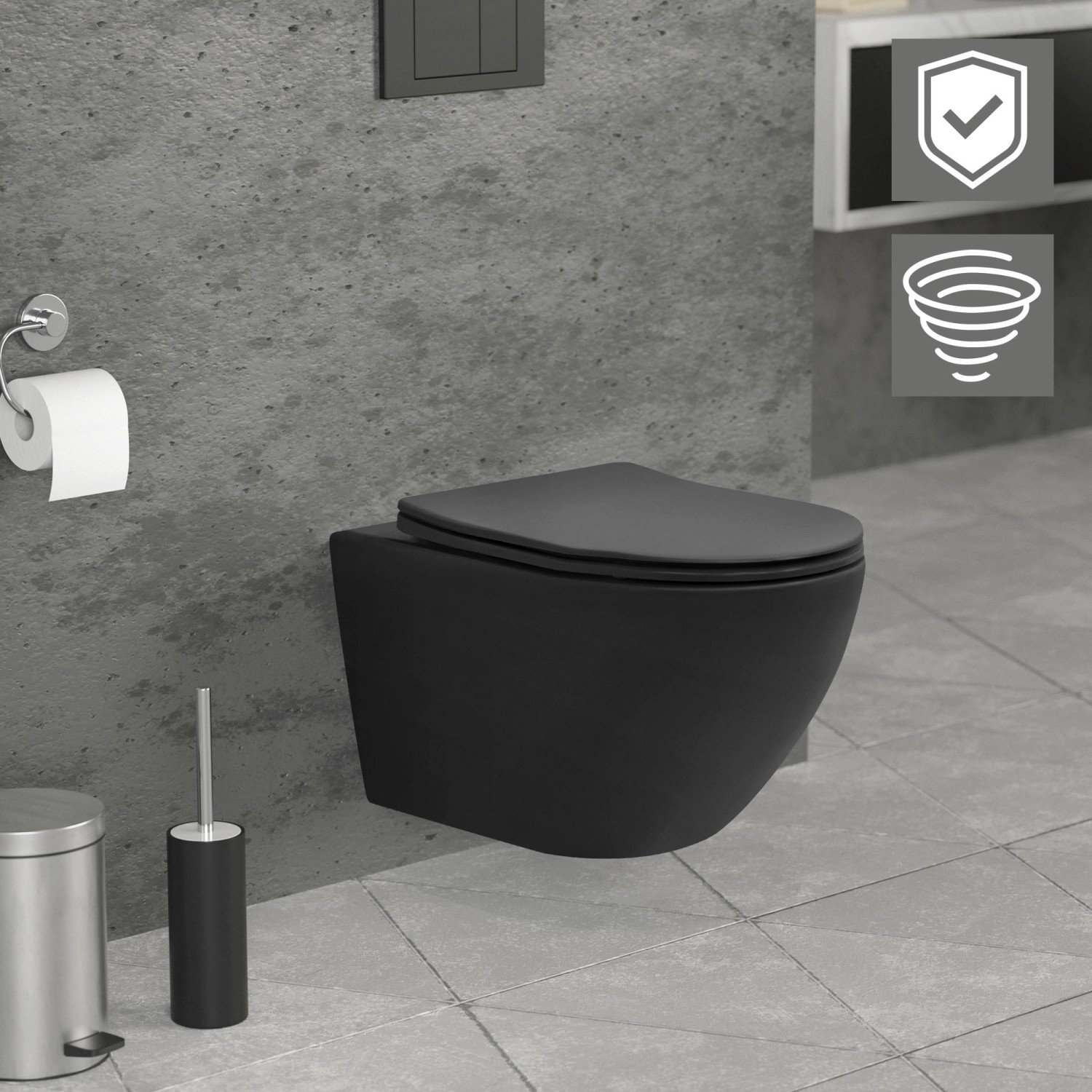 Schwarzes, spülrandloses LuxeBath Hänge-WC mit Nano-Beschichtung und Softclose-Sitz.