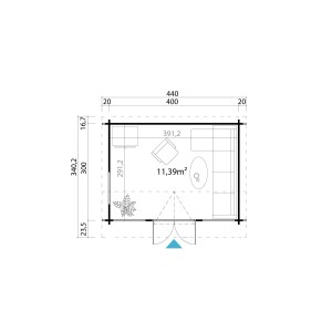Grundriss Gartenhaus Lasita Maja Windsor 44, 400x300 cm, Schwedenrot. Möbelbeispiel.