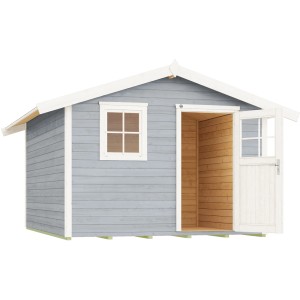 Graues Holz-Gartenhaus mit Satteldach, Fenster und offener Tür. Ideal als Gerätehaus oder Hobbyraum.