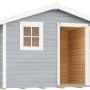 Graues Holz-Gartenhaus mit Satteldach, Fenster und offener Tür. Ideal als Gerätehaus oder Hobbyraum.