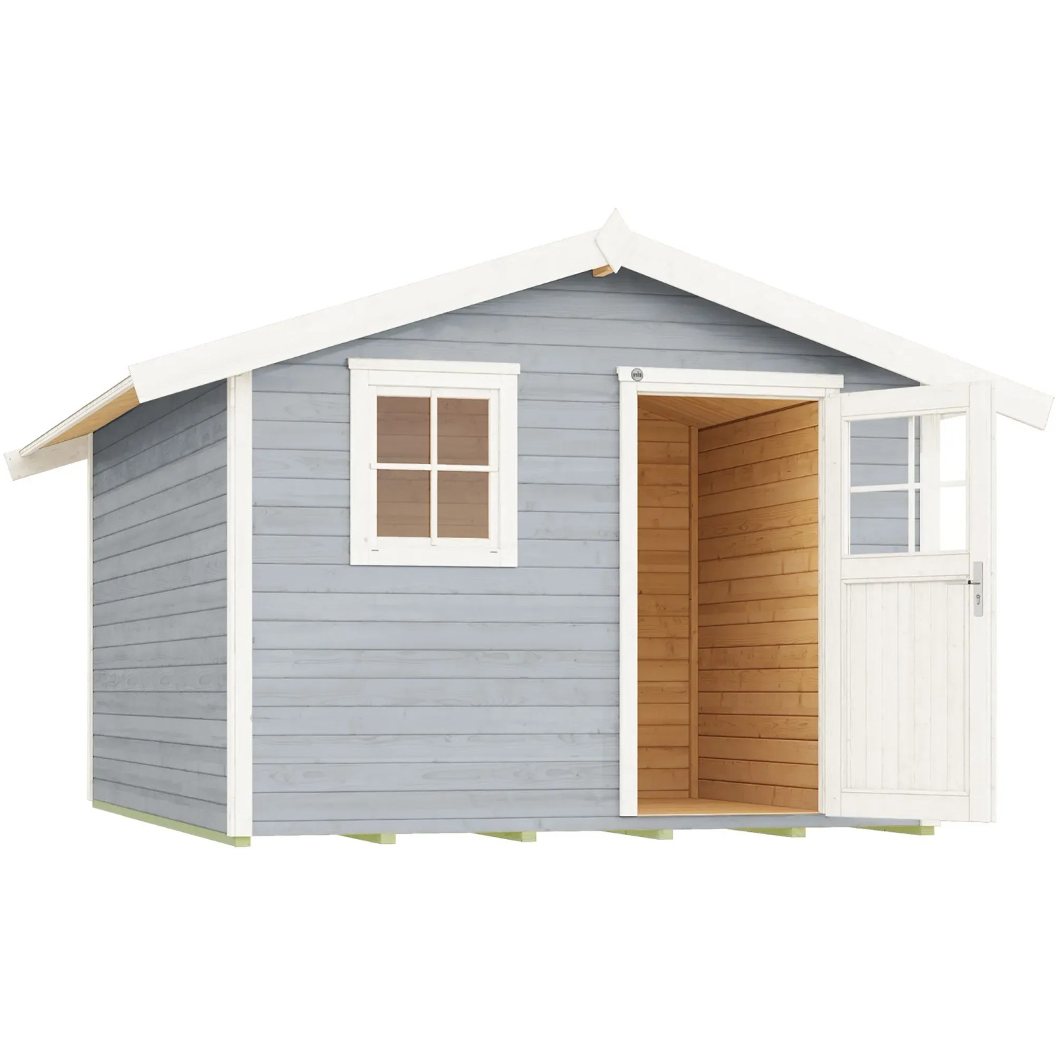 Graues Holz-Gartenhaus mit Satteldach, Fenster und offener Tür. Ideal als Gerätehaus oder Hobbyraum.