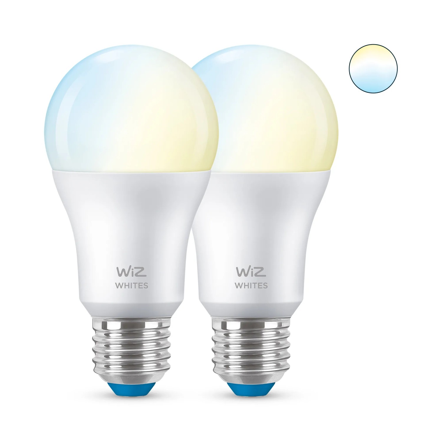 Zwei matte WiZ LED E27 Leuchtmittel in Glühlampenform, 8W, mit tunable white Funktion.