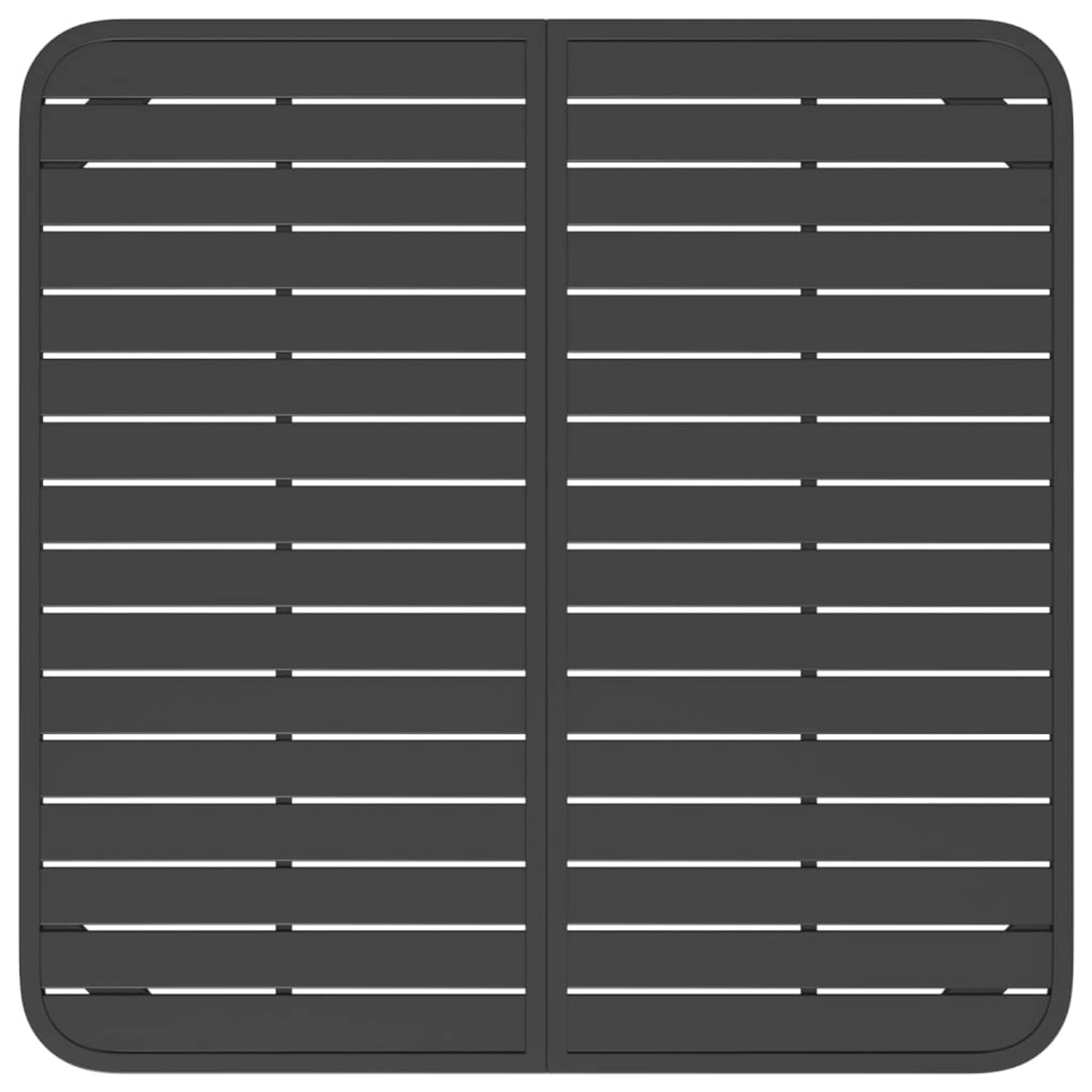 Quadratischer, anthrazitfarbener Gartentisch (100x100 cm) aus Stahl mit Lattenmuster.