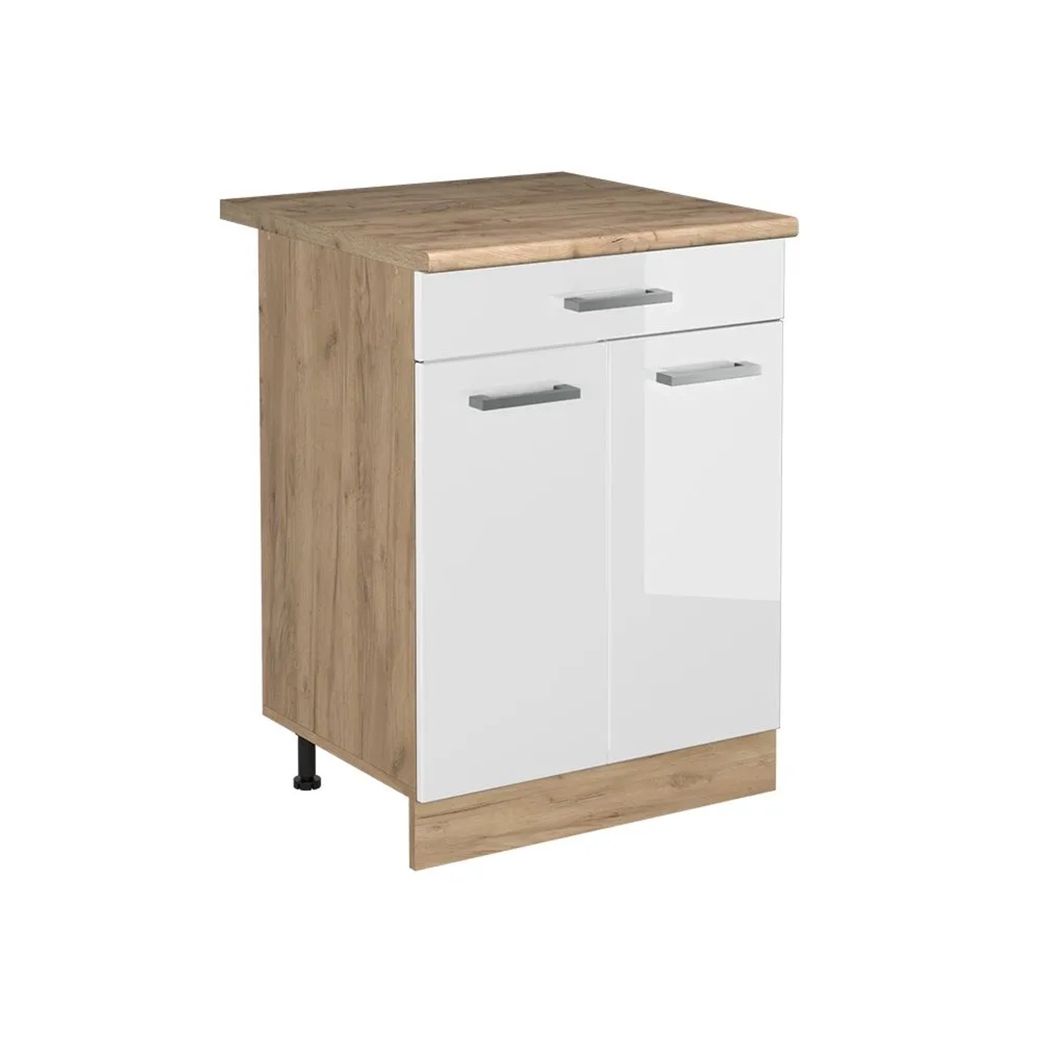 Vicco Küchenunterschrank R-Line Weiß Hochglanz/Goldkraft Eiche 60 x 82 mit Schublade Arbeitsplatte Goldkraft Eiche Art Nr 61228