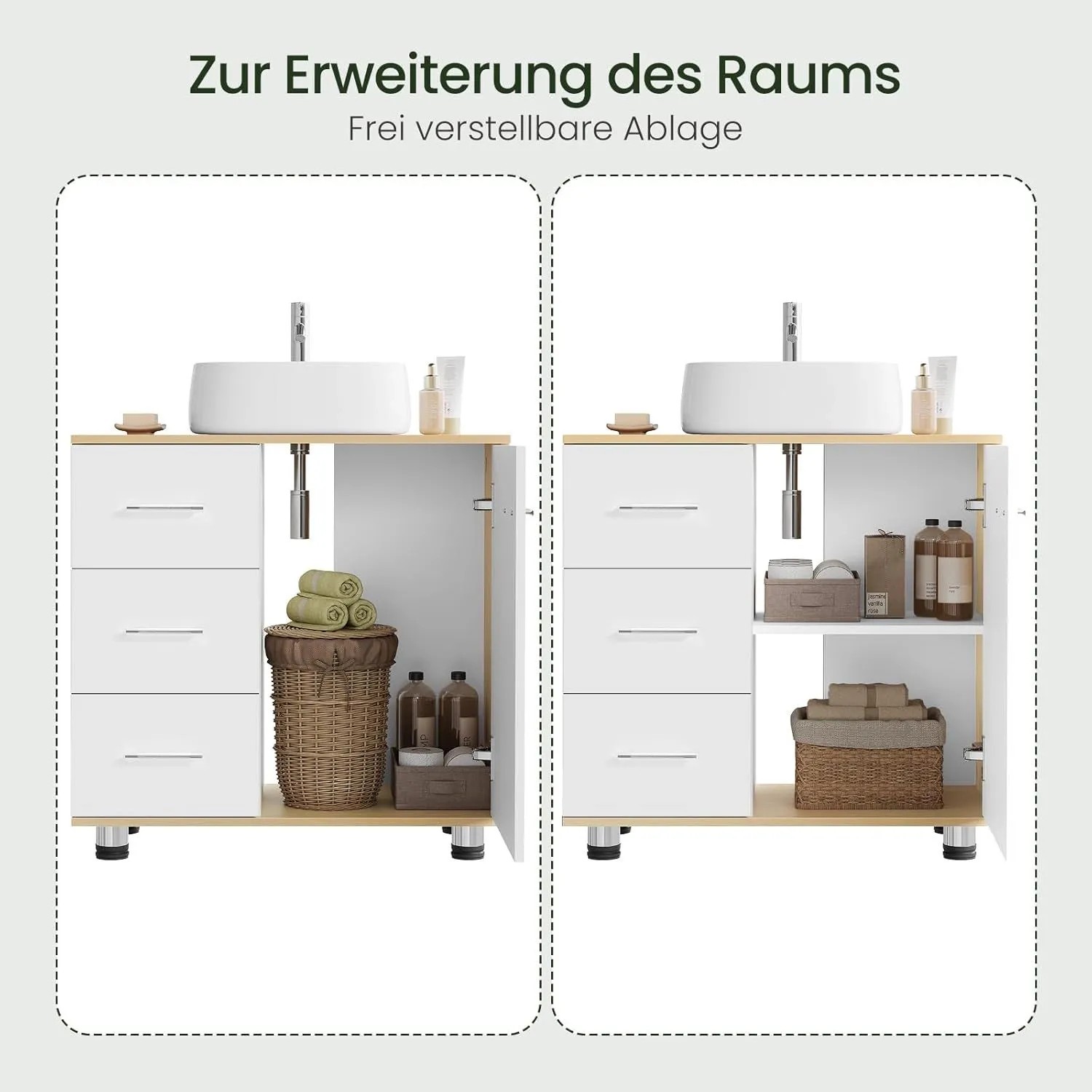 EUGAD Waschbeckenunterschrank weiß mit 3 Schubladen und verstellbarem Einlegeboden für flexiblen Stauraum.
