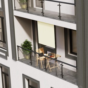 Beige Juskys Senkrechtmarkise Barbados 150x310 cm am Balkon als Sicht- und Sonnenschutz.