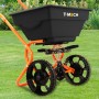 Monstershop 25L Streuwagen für Saatgut, Dünger oder Salz; orangefarbenes Gestell, schwarzer Behälter.